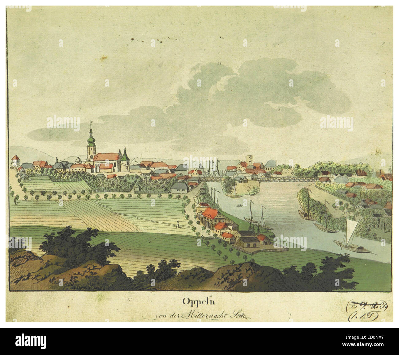 Cette illustration de 1812 par Fischer et Stuckart montre Oppeln, une ville de Silésie (aujourd'hui Opole, Pologne), donnant un aperçu de la vie au début du XIXe siècle dans la région. Banque D'Images