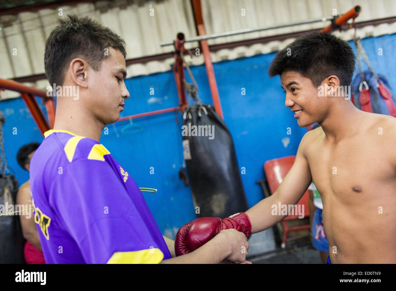 Bangkok, Bangkok, Thaïlande. Dec 23, 2014. Mettre leurs gants sur les boxeurs avant le combat à l'Kanisorn sport à Bangkok. Le Kanisorn boxing gym est une petite salle de sport le long de la Wong Wian Yai - Samut Sakhon voie ferrée. Les jeunes des communautés voisines viennent à la salle de sport pour apprendre la boxe. Le Muay Thai (Muai thaï) est un art martial mixte développé en Thaïlande. Le Muay Thai est devenue très répandue dans le monde au xxe siècle, quand les boxeurs Thaï défait d'autres boxeurs bien connu. Une ligue professionnelle est régie par le monde Conseil de Muay Thai. Muay Thai est souvent considérée comme un moyen de sortir de la pauvreté f Banque D'Images