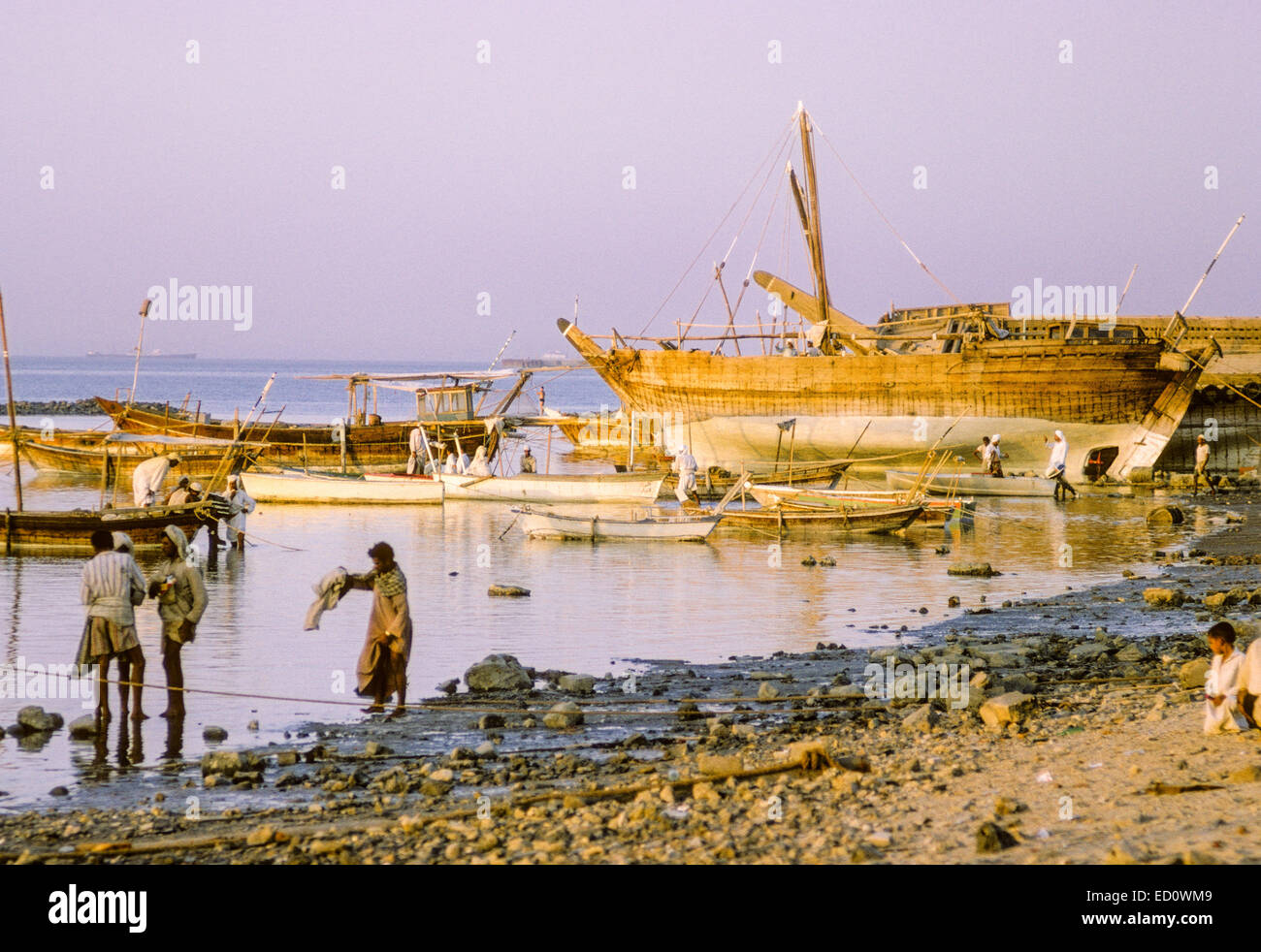 Le Koweït d'octobre 1966. Boom koweïtiens (dhow) sur le front de la SIEF en fin d'après-midi, à marée basse. Banque D'Images