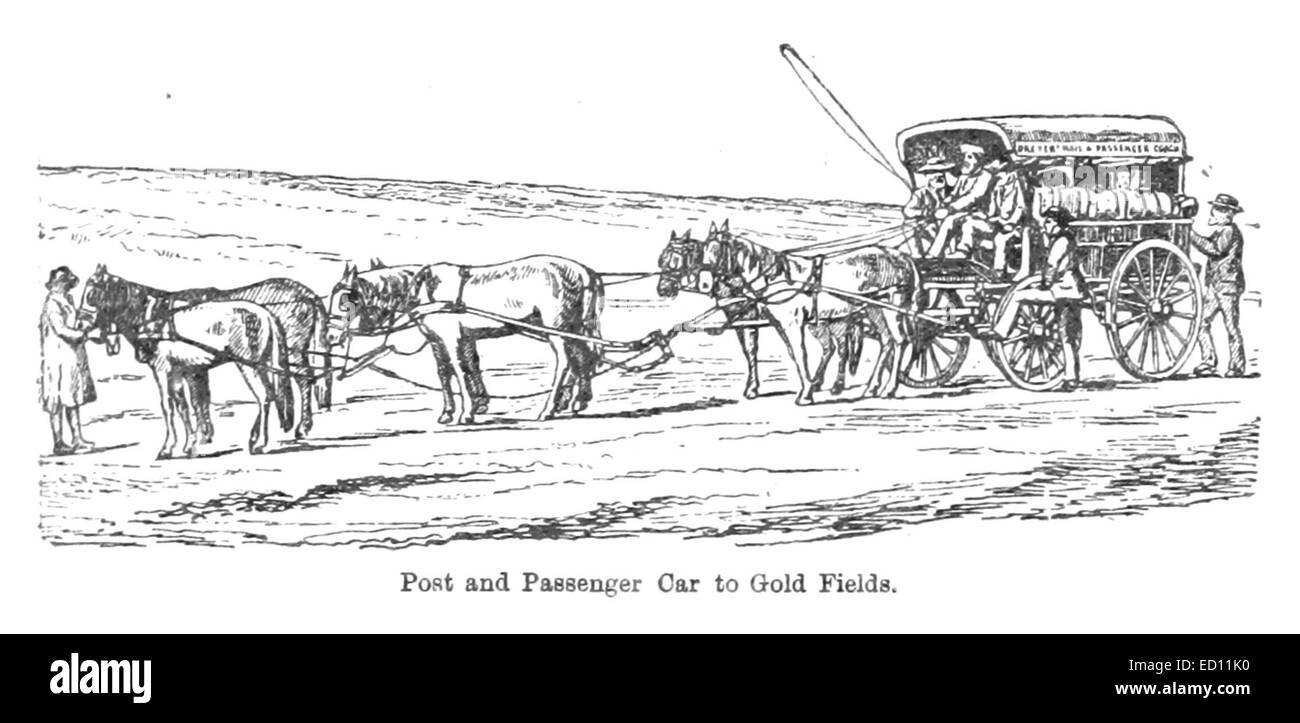 Cette illustration de 1891 d'Ingram représente un poste et une voiture de tourisme voyageant vers les champs d'or, un moyen de transport crucial pendant l'ère de la ruée vers l'or. L'image souligne le rôle de ces véhicules dans la facilitation de l'accès aux zones minières. Banque D'Images