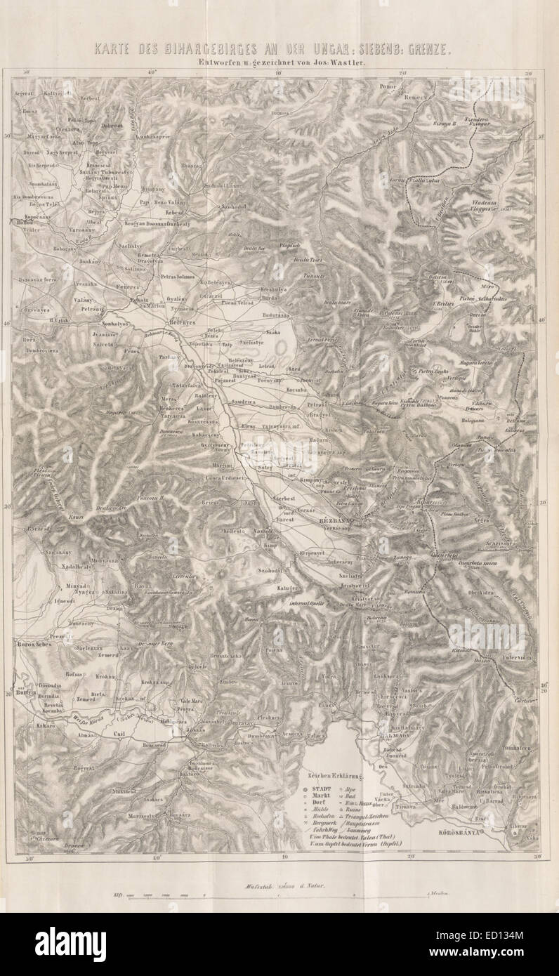 Cette carte du XIXe siècle illustre les monts Bihar, situés à la frontière entre la Hongrie et la Transylvanie (Siebenbürgen). Il met en évidence la topographie et les monuments importants de la région. Banque D'Images