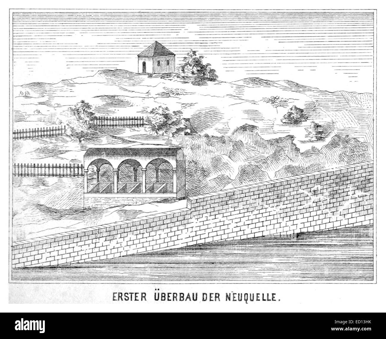 Cette illustration de 1883 représente la construction d'une source ou d'une source d'eau, appelée « Erster Überbau der Neuquelle ». Il montre le développement industriel précoce lié à la gestion de l'eau ou à l'utilisation des ressources naturelles. Banque D'Images