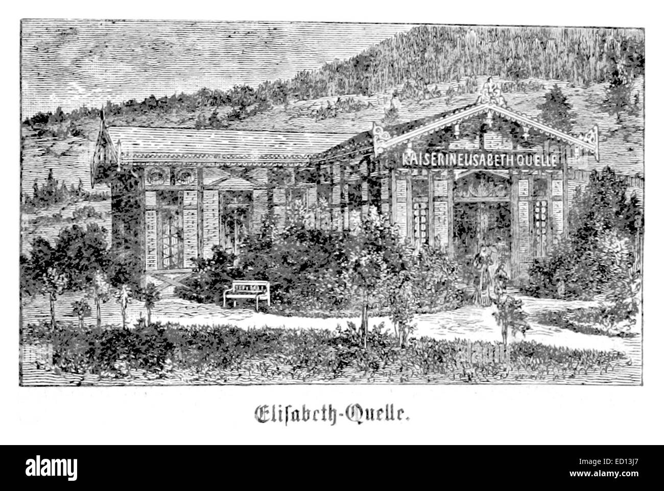 Une référence tirée de la publication KB de 1883 décrivant l'Elisabeth-quelle, une source historique ou une source d'eau, probablement importante pour sa santé ou ses propriétés culturelles. Cette image pourrait mettre en évidence l'importance de telles sources au XIXe siècle. Banque D'Images