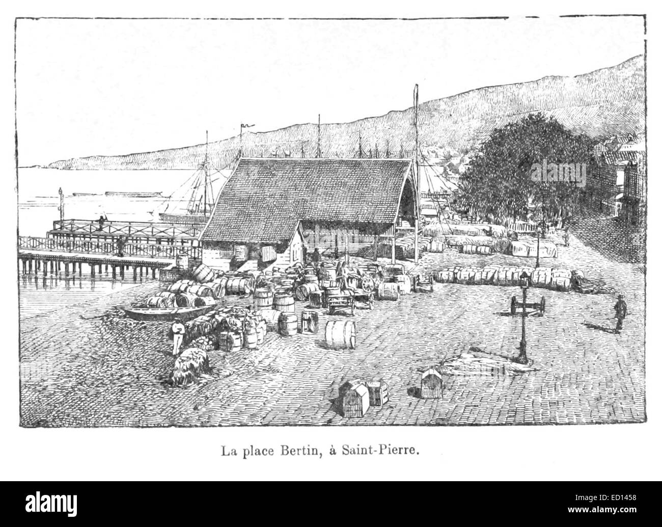 Cette illustration représente le Palais Bertin à Saint-Pierre, soulignant sa grandeur architecturale et son importance dans l’histoire de la région. Banque D'Images