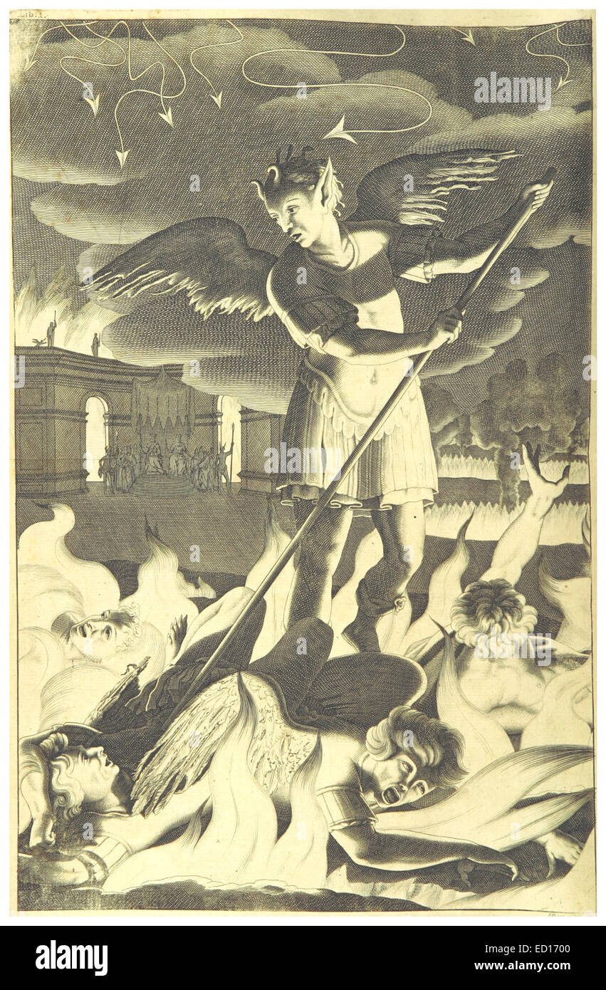 Cette gravure de 1695 de Milton présente une représentation détaillée d'un sujet historique, probablement lié à des œuvres littéraires ou artistiques de l'époque, avec des éléments visuels qui l'accompagnent. Banque D'Images