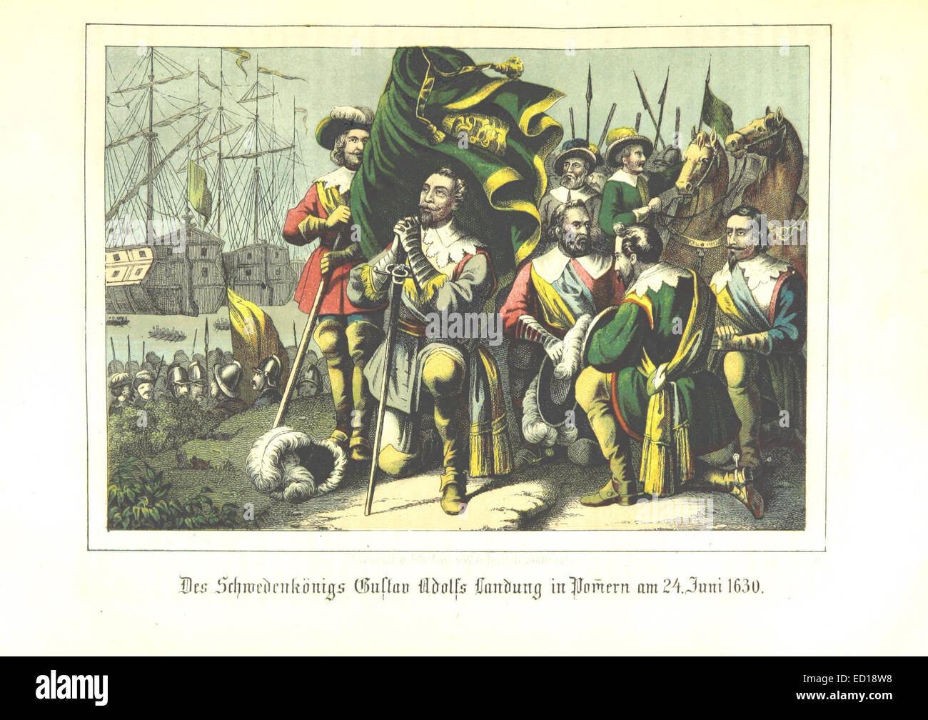 Cette page représente le débarquement du roi Gustave II Adolphe de Suède en Poméranie le 24 juin 1630, marquant un événement militaire important dans l'histoire suédoise pendant la guerre de trente ans. Banque D'Images