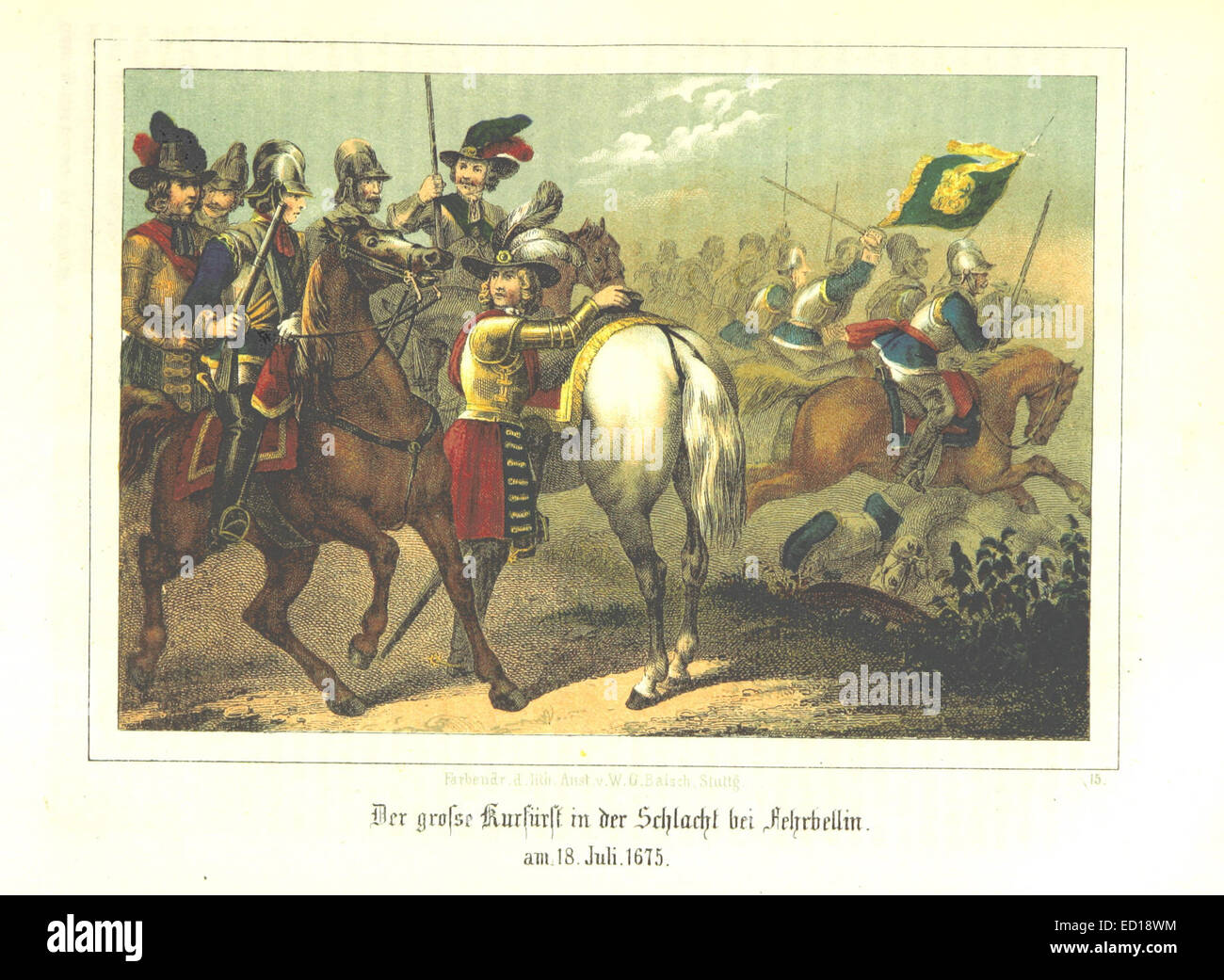 Cette illustration représente le Grand électeur dans la bataille de Fehrbellin le 18 juillet 1675, un événement charnière dans l'histoire de Brandebourg-Prusse. Banque D'Images