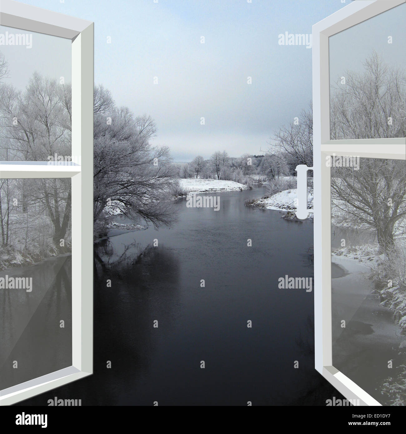 Vue depuis la fenêtre ouverte pour l'hiver Snowy River Banque D'Images