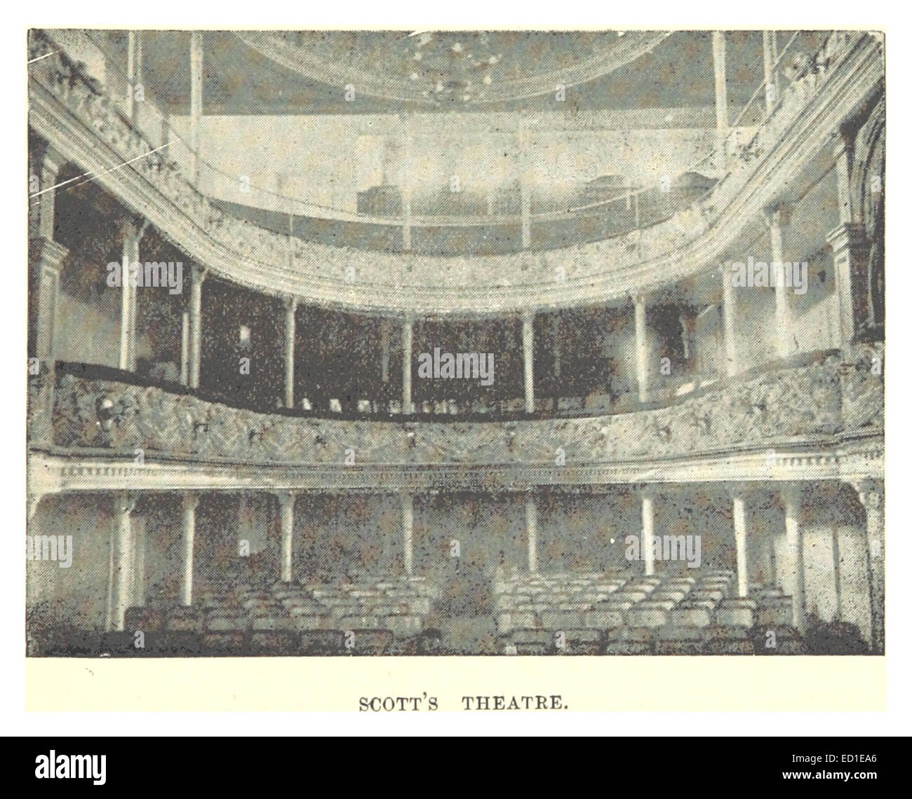 Cette illustration de 1898 représente le Scott's Theatre, un lieu culturel important de la fin du XIXe siècle. Il met en évidence les caractéristiques architecturales et le rôle joué par le théâtre dans les arts et le divertissement à cette époque. Banque D'Images
