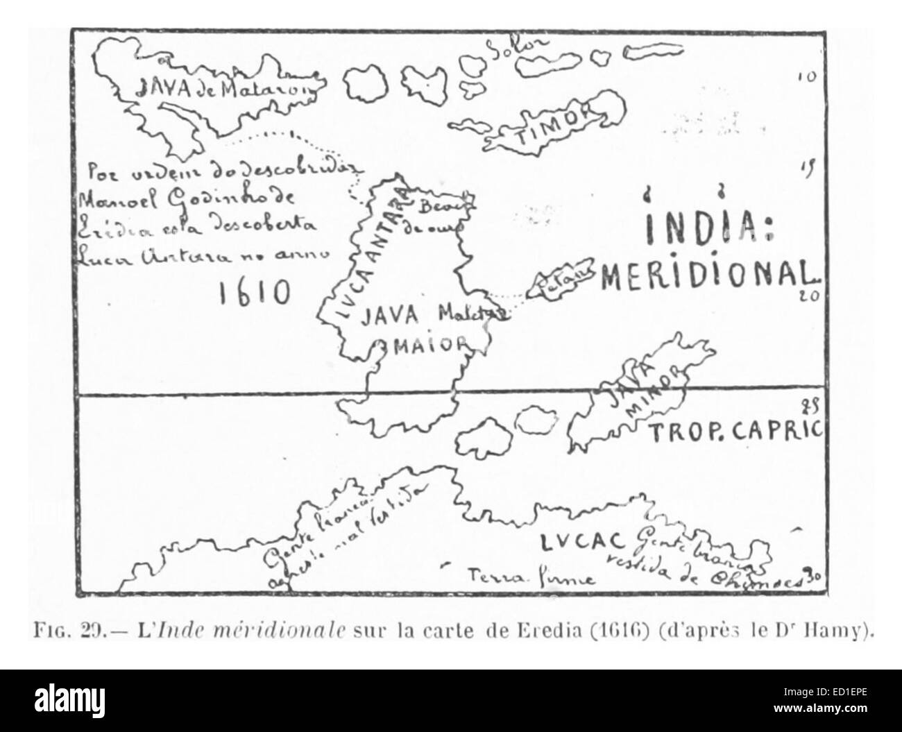 Une illustration de 1893 montrant le sud de l'Inde sur la carte de 1616 par Eredia, une carte importante du sous-continent indien. La carte met en évidence la connaissance géographique de la région au début de la période moderne. Banque D'Images