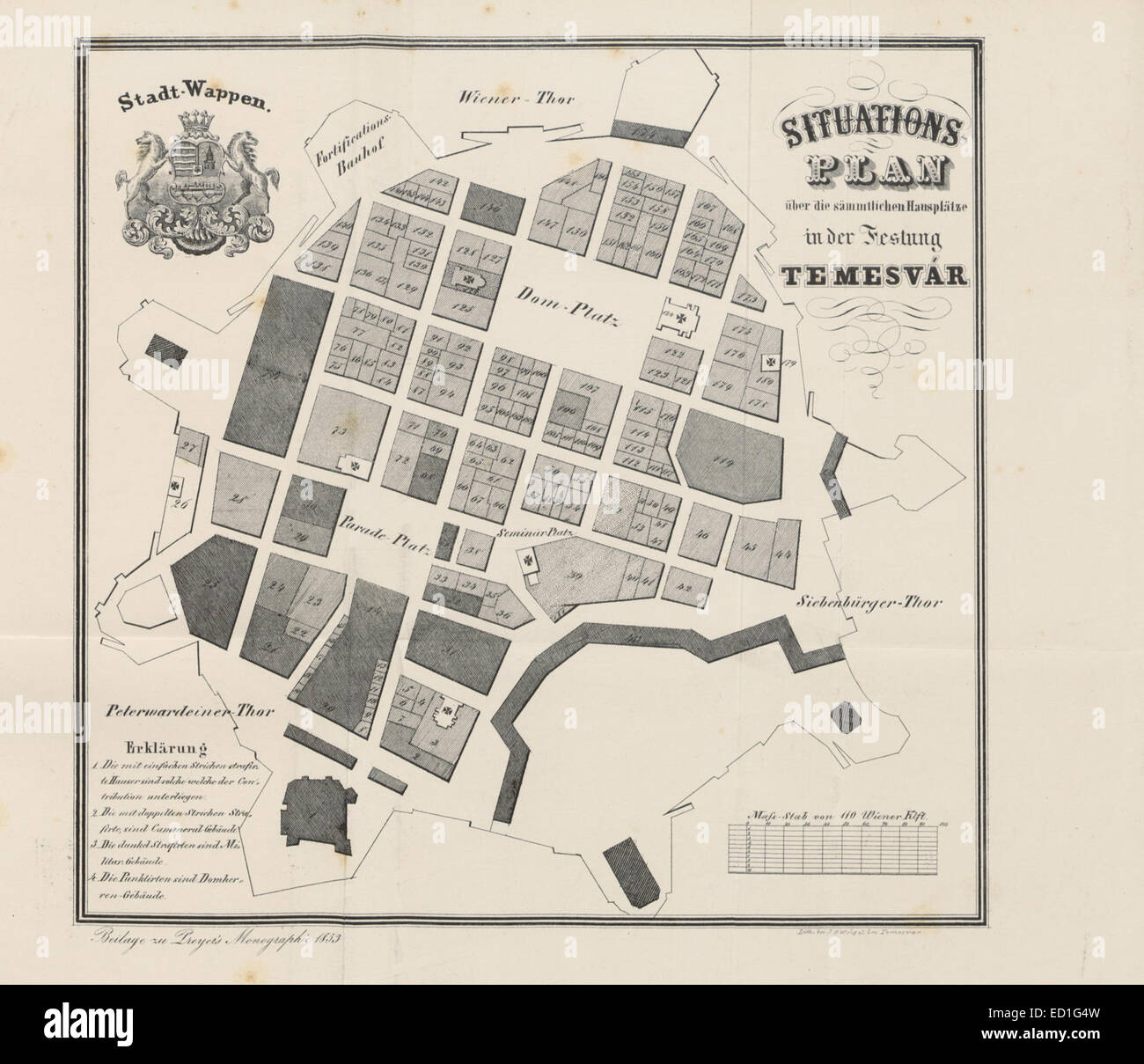 Cette carte situationnelle de 1853 de Preyer représente la forteresse de Timișoara (Temesvár), mettant en évidence ses défenses stratégiques et son tracé. La carte illustre les fortifications utilisées pour protéger la ville. Banque D'Images