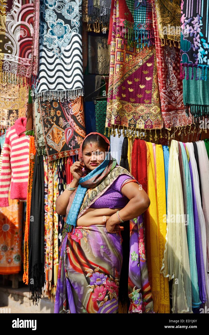 L'Inde, Rajasthan, région de Mewar, Bundi village, femme vendant des saris dans un magasin Banque D'Images