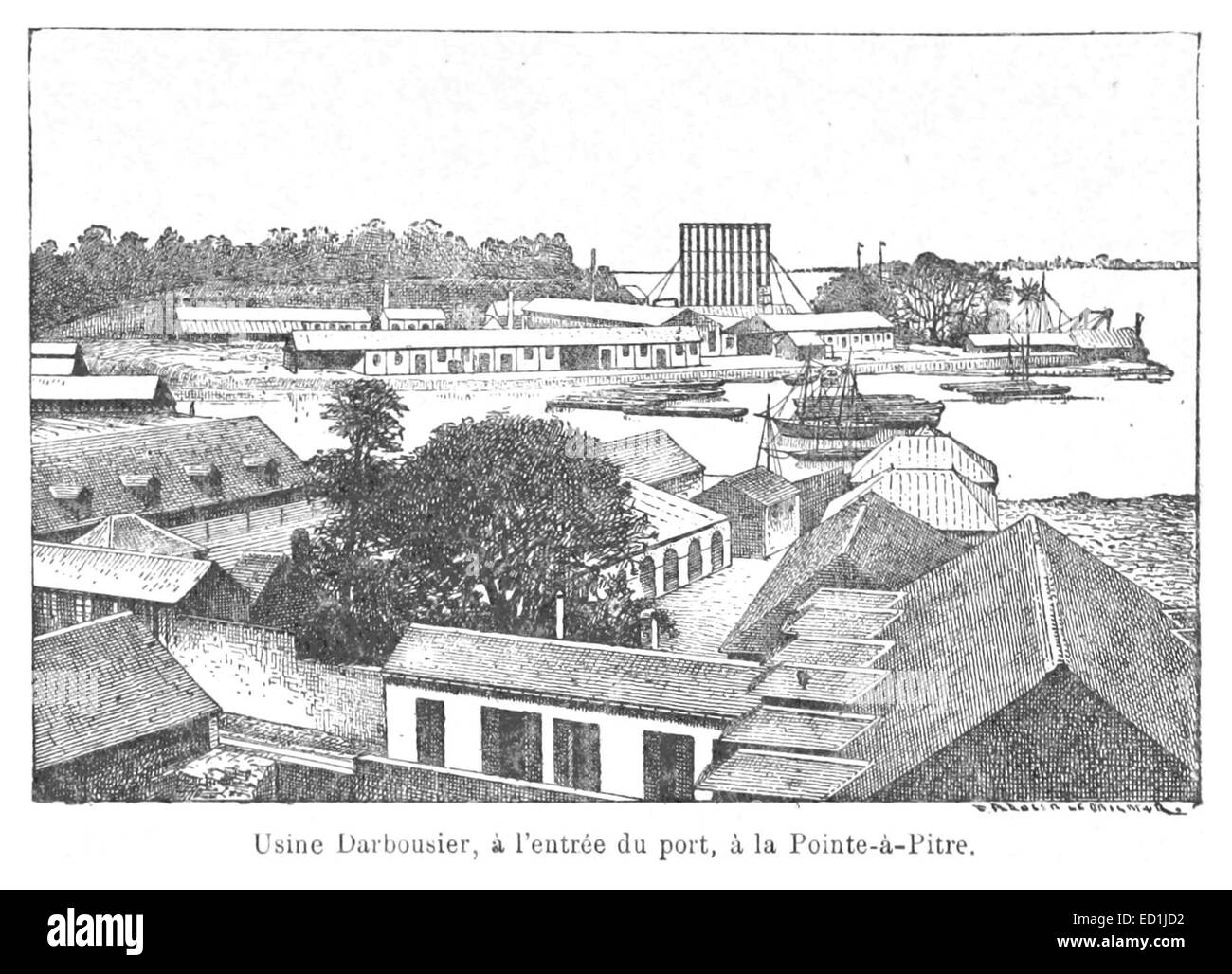 Illustration historique de l'usine Darbousier, située à l'entrée du port de pointe-à-Pitre. L'image reflète l'importance industrielle et maritime de la région. Banque D'Images