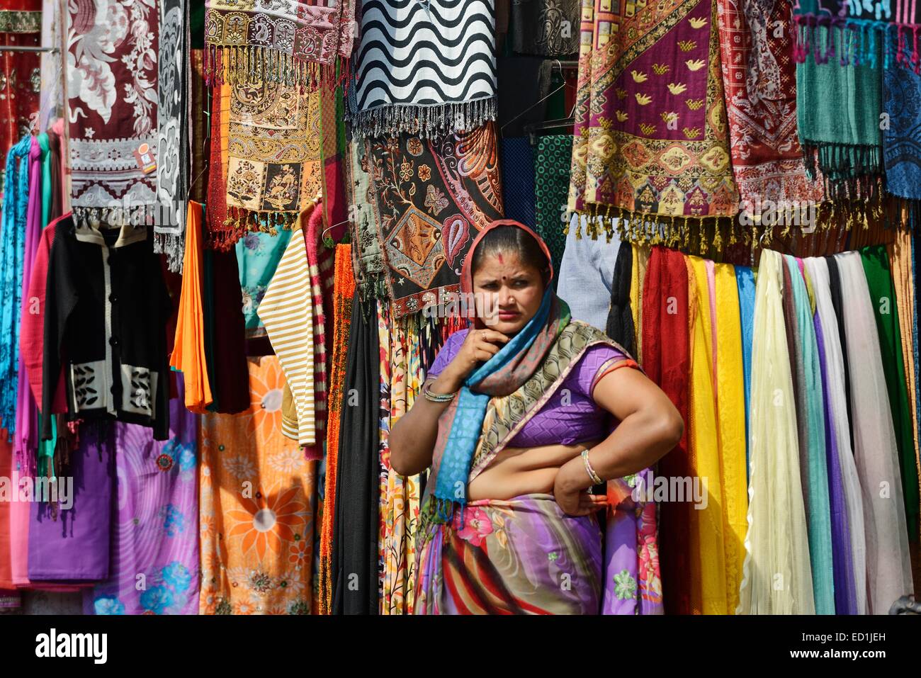 L'Inde, Rajasthan, région de Mewar, Bundi village, femme vendant des saris dans un magasin Banque D'Images