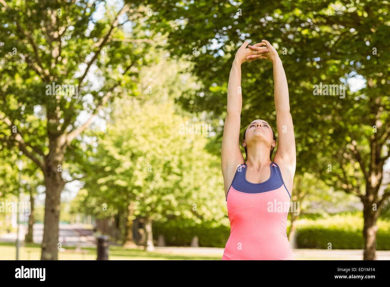 Mettre en place les cheveux bruns s'étendant ses bras Banque D'Images
