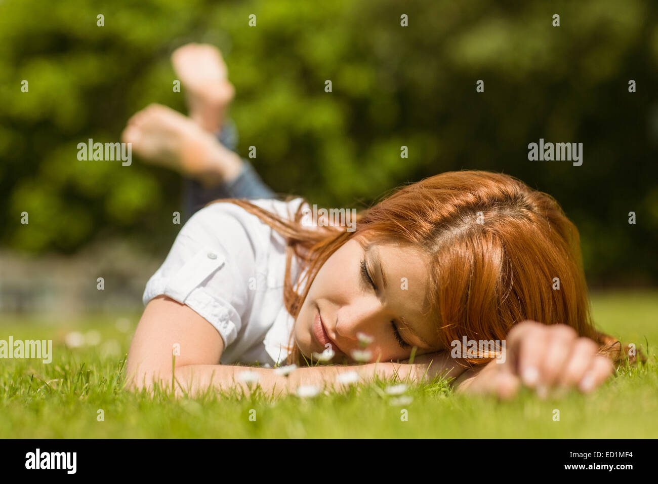 Jolie rousse la sieste sur l'herbe Banque D'Images