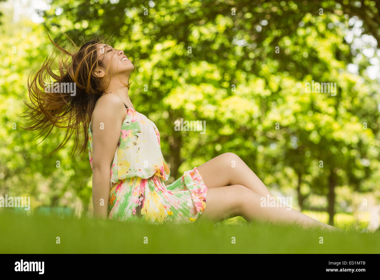 Jeune femme détendue sitting on grass at park Banque D'Images