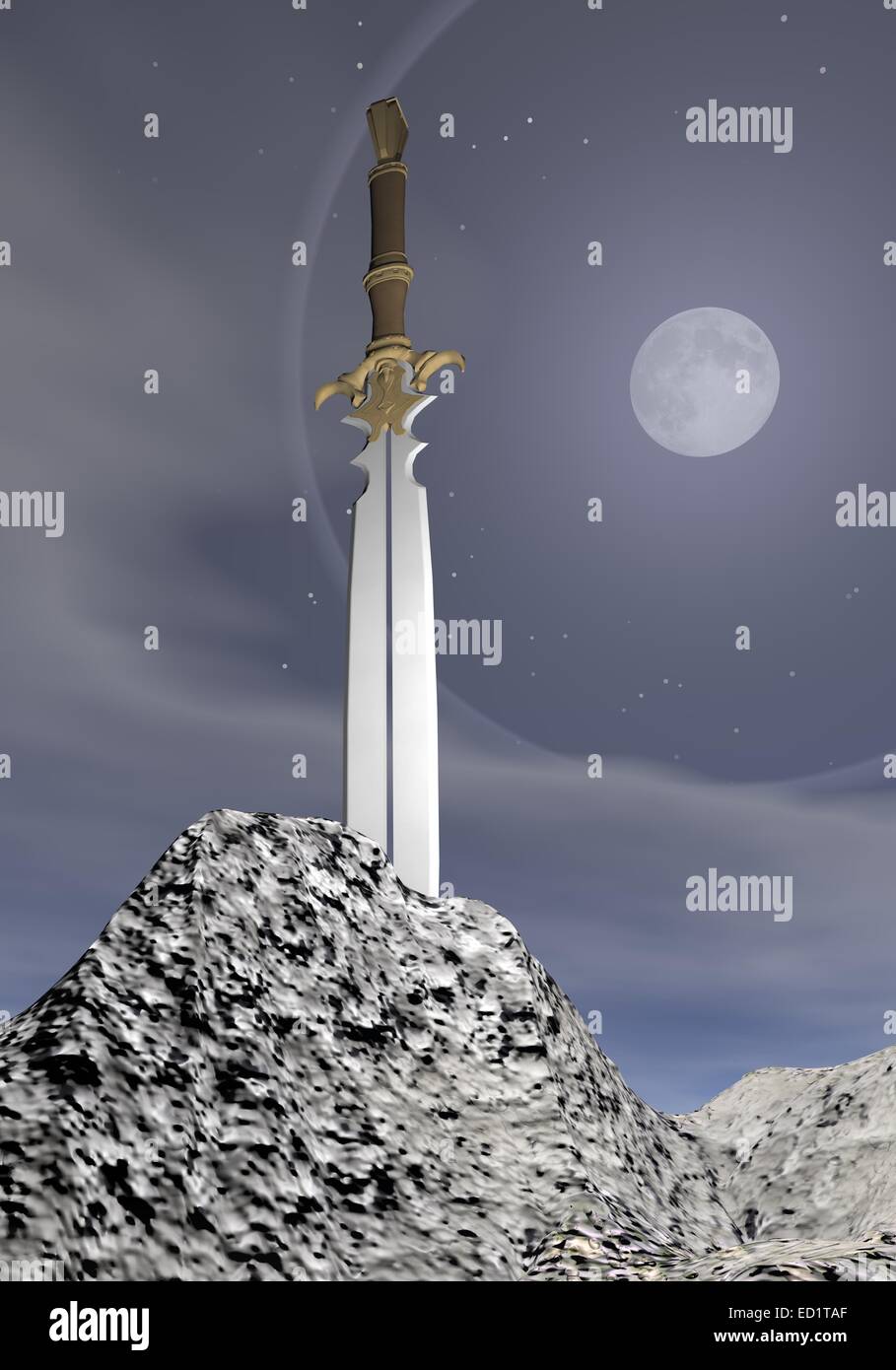Épée magique coincé dans la roche par nuit de pleine lune avec gris Banque D'Images