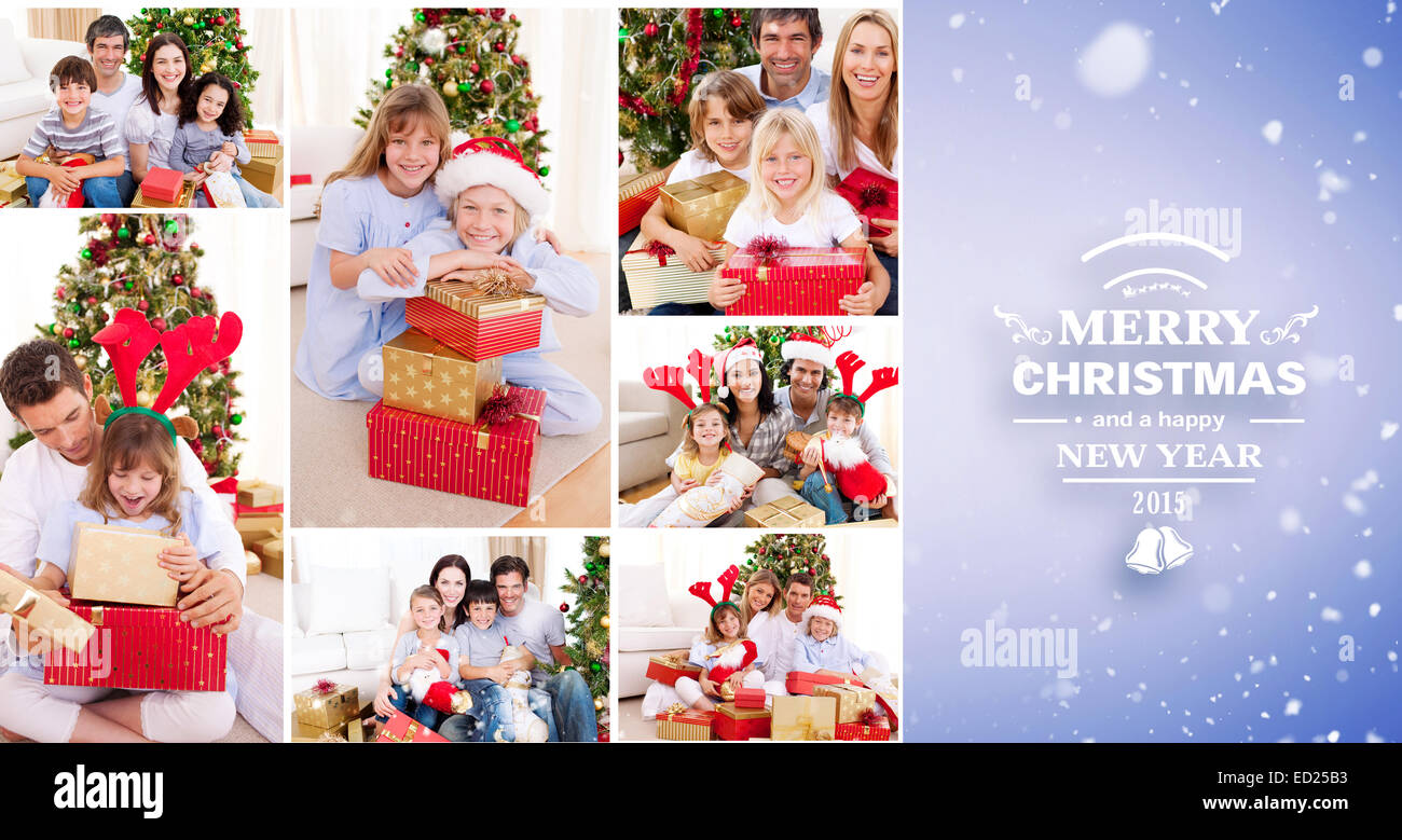 Image composite de collage des familles fêter Noël ensemble à la maison Banque D'Images