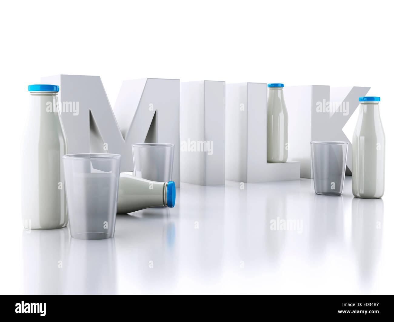 Moteur de rendu 3d illustration. Les bouteilles de lait et de verre isolé sur fond blanc. Banque D'Images