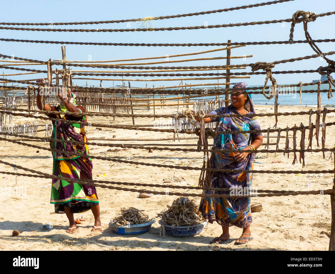 Les femmes poissons à des cordes à sécher au soleil sur la plage de diu dans Gujarat Inde Banque D'Images