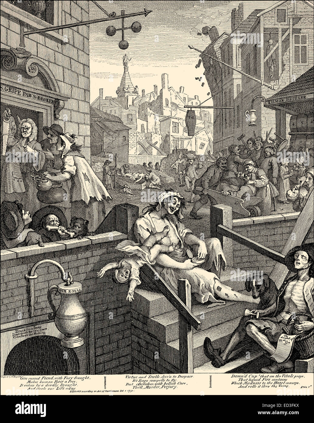 Gin Lane ou alcool Alley, une caricature, par William Hogarth, 1697 - 1764 Banque D'Images