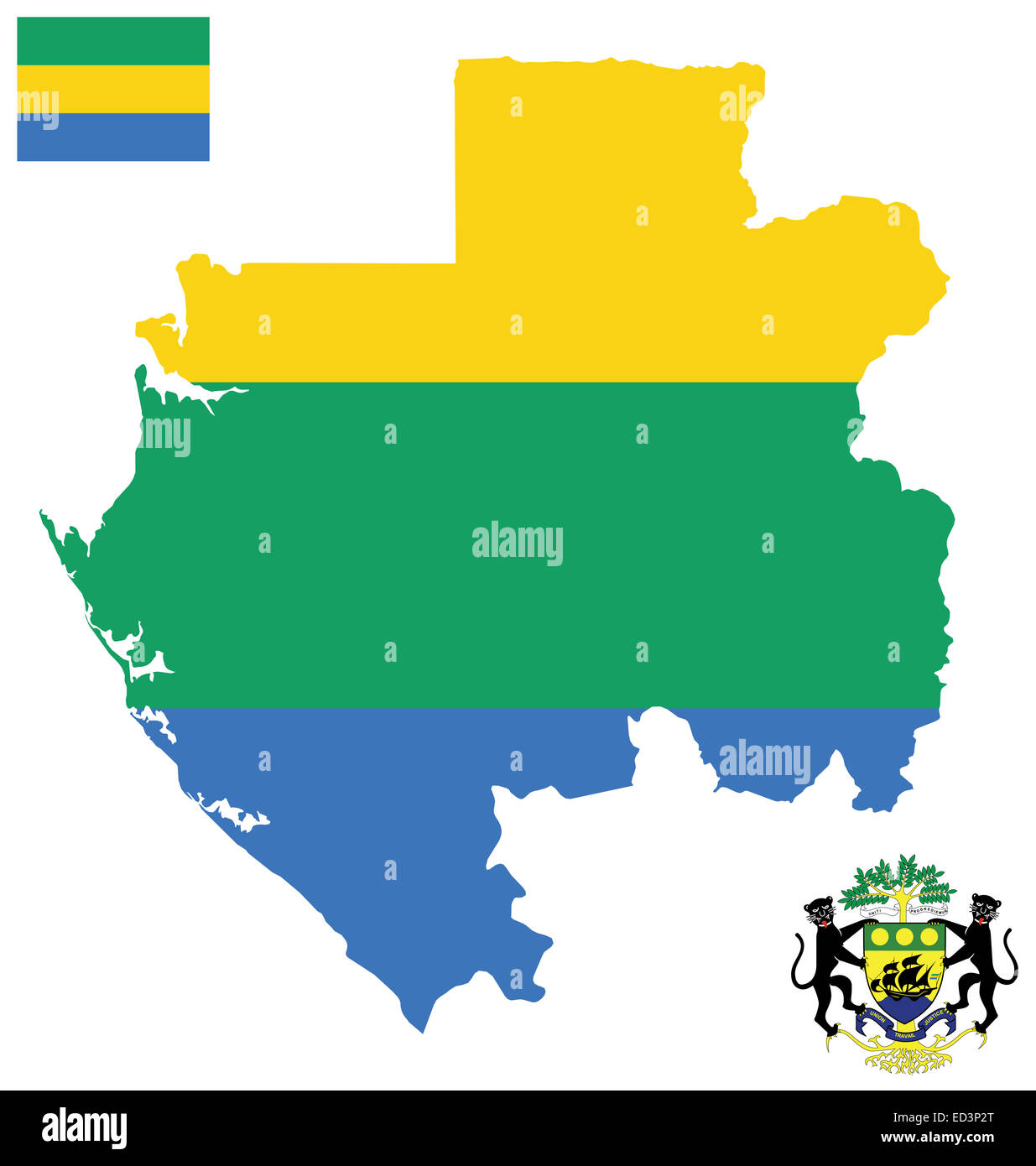 Drapeau et armoiries nationales de la République gabonaise en superposition sur la carte Plan détaillé Banque D'Images