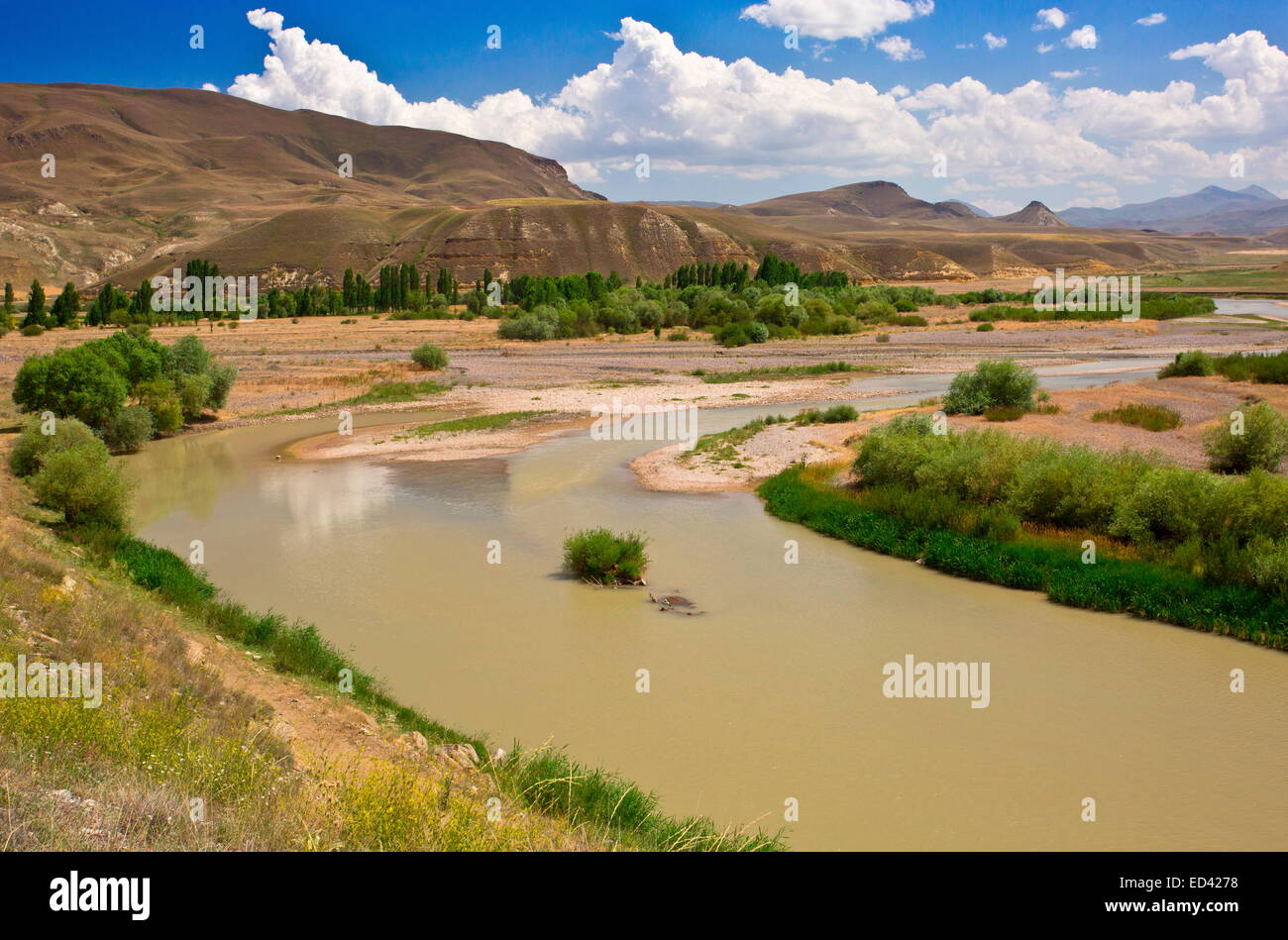 Rivière qui coule à travers la prairie steppe sèche, semi-désert, dans le nord-est de la Turquie, à l'est d'Erzurum. Banque D'Images