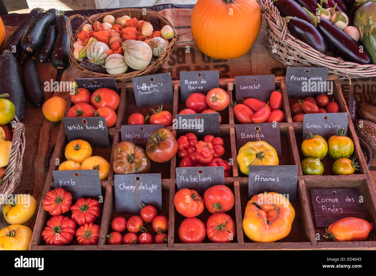 Variétés de tomate mélangé à l'écran dans pigeonnier boîtes avec d'autres fruits et légumes de saison Banque D'Images