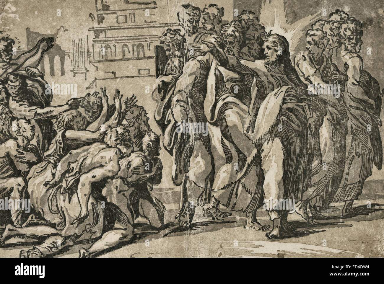 Jésus Christ guérissant les lépreux - Jésus, avec ses disciples, levant son bras pour dix lépreux qui s'agenouille devant lui. Banque D'Images