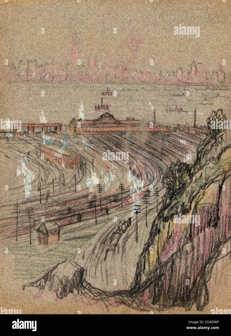 Wehawken, New York City. Voir à la plus côté de colline sur les trains gare en courbe floue. Au-delà de la rivière, sketchy toits de New York dans la distance, vers 1909 Banque D'Images
