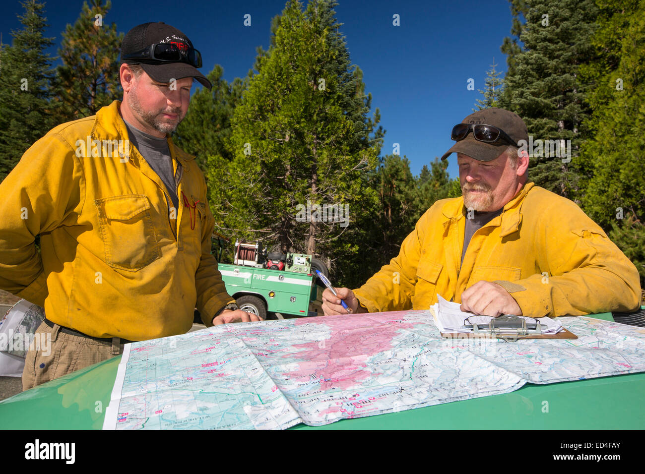 Les pompiers s'attaquer au roi incendie qui a détruit 97 717 hectares de la Forêt nationale d'El Dorado, en Californie, USA. À la suite d'une Banque D'Images