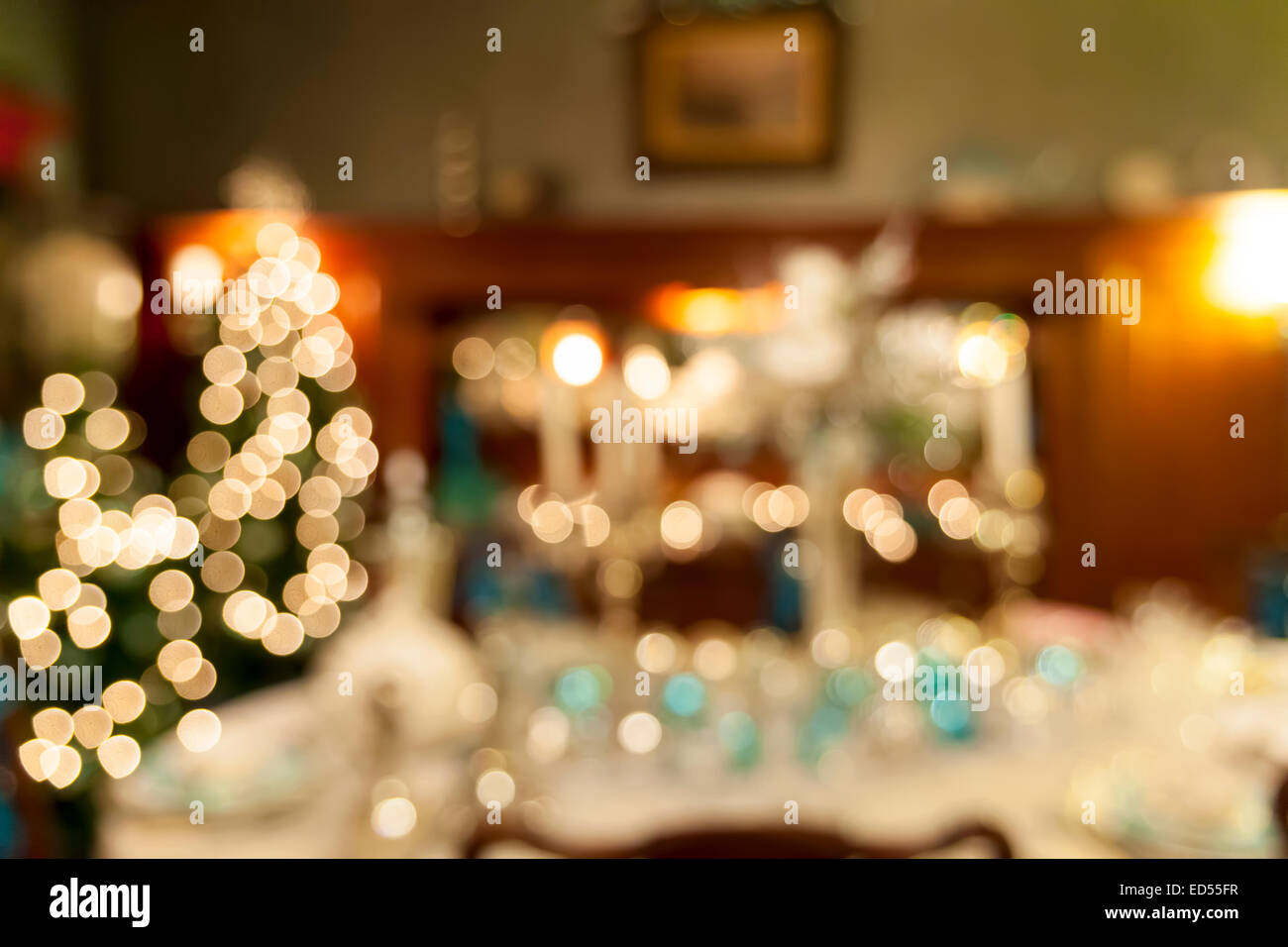 Dîner de célébration de la fête de Noël décorations de table Bokeh flou artistique flou Gros plan l'arrière-plan Banque D'Images