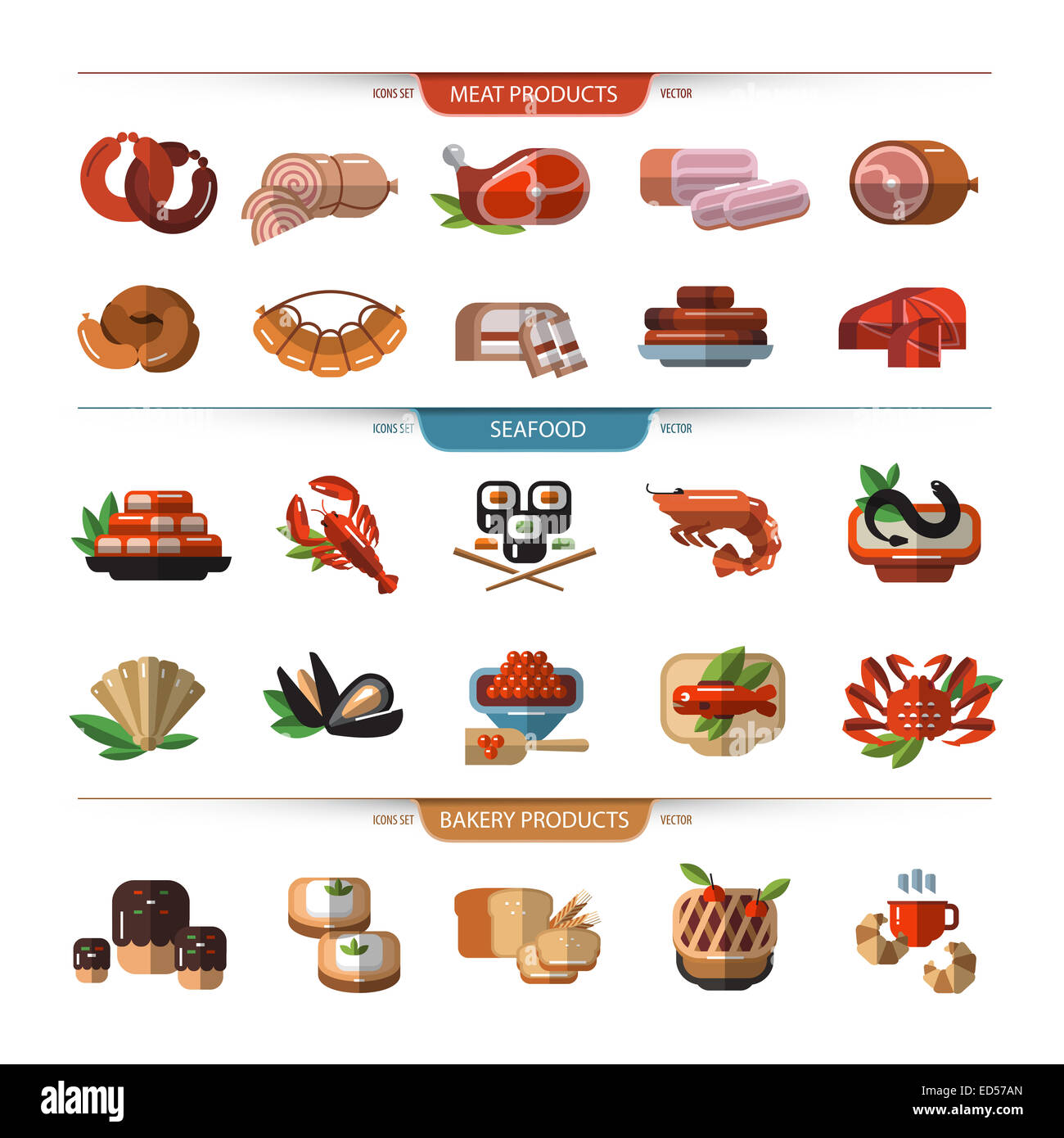 L'ensemble d'icônes, de symboles. Viande, fruits de mer, du pain. Banque D'Images