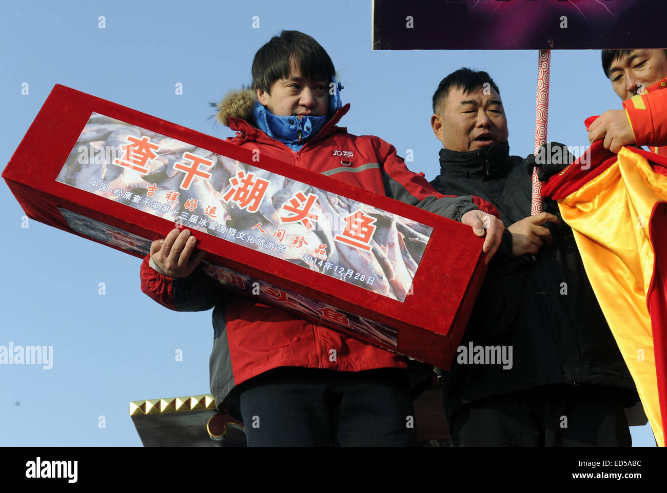 Songyuan, Province de Jilin en Chine. 28 Dec, 2014. Le premier poisson pris à l'occasion du festival de la pêche d'hiver est mis aux enchères à Qagan Lake dans le nord-est de la Chine, de la ville de Songyuan, Province de Jilin, le 28 décembre, 2014. Lac Qagan Qagan, ou Nur en mongol, est le seul domaine dans lequel la Chine utilise toujours la glace mongole traditionnelle méthode de pêche. Le tourisme de pêche annuel juste le coup d'ici dimanche. © Lin Hong/Xinhua/Alamy Live News Banque D'Images