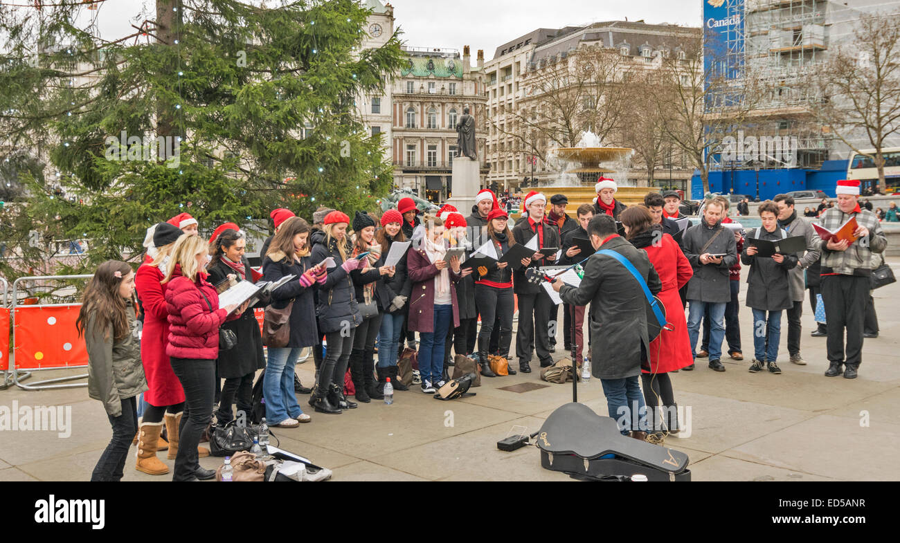 TRAFALGAR SQUARE LONDRES, MEMBRES D'UN CHŒUR chantant des chants de Noël SOUS L'ARBRE DE NOËL Banque D'Images