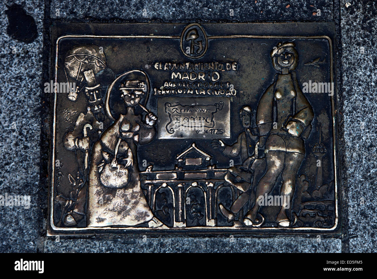 Plaque en laiton de Restaurante Botin, le plus ancien restaurant du monde, qui a ouvert ses portes en 1725. Banque D'Images