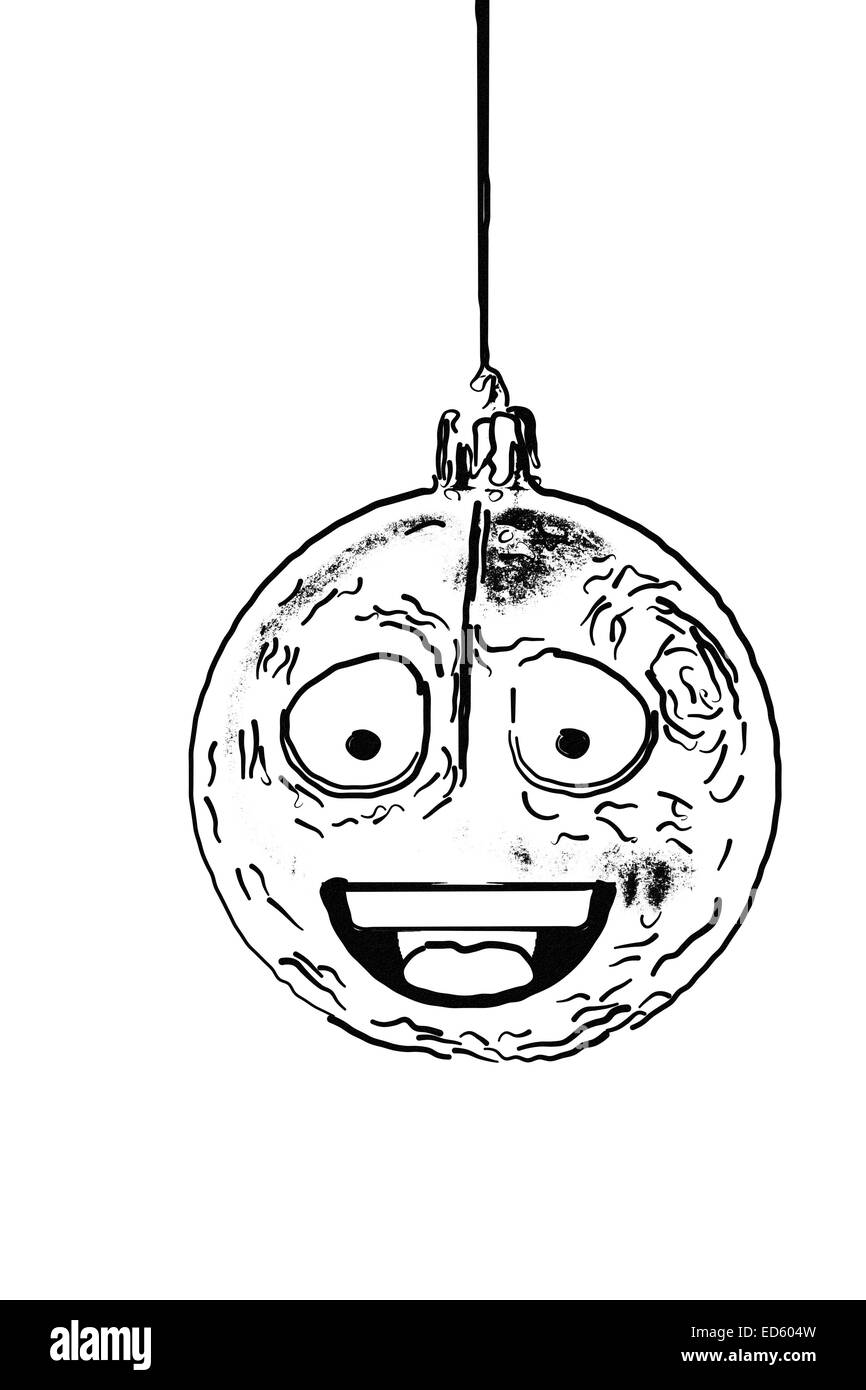 Décoration de Noël avec un scratch animé ou illustré noir et whiite ornement rond pour arbre de Noël Banque D'Images