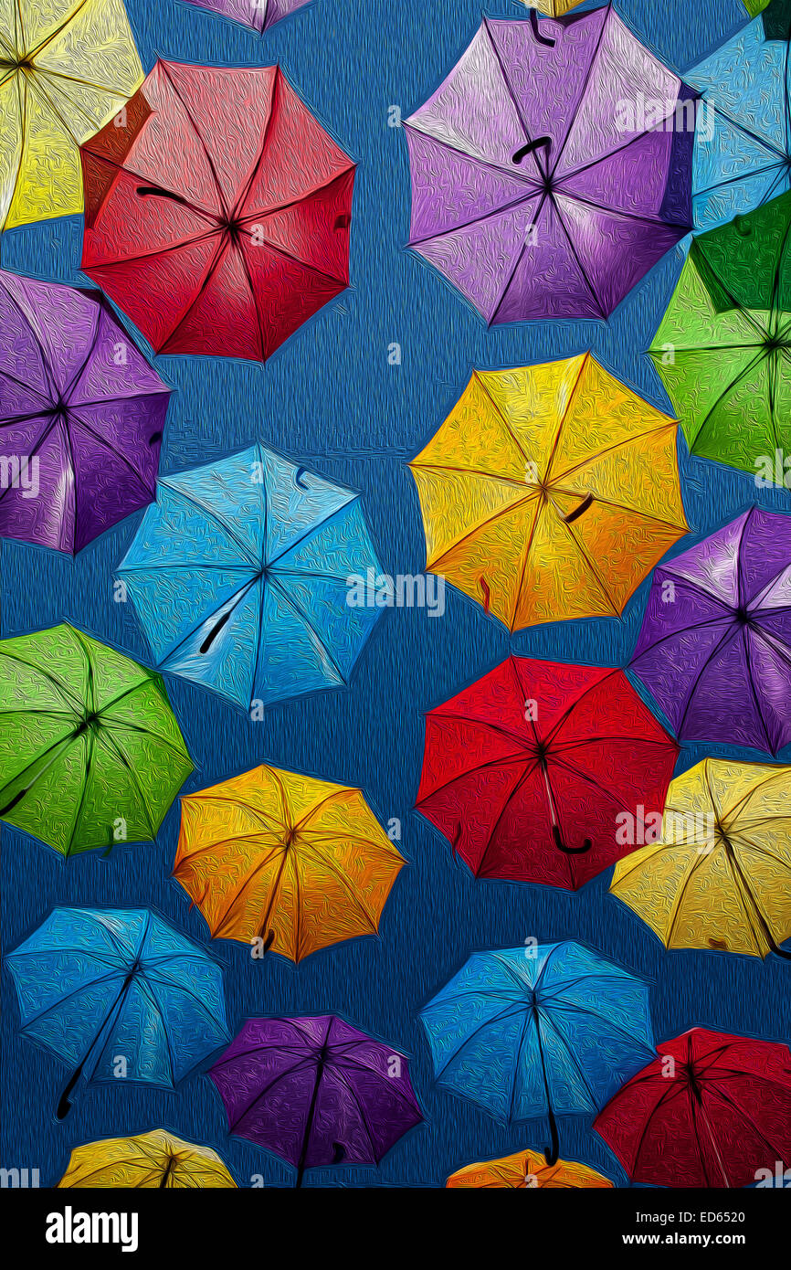 Version de la peinture à l'huile d'image abstraite de parasols colorés sur fond de ciel bleu Banque D'Images