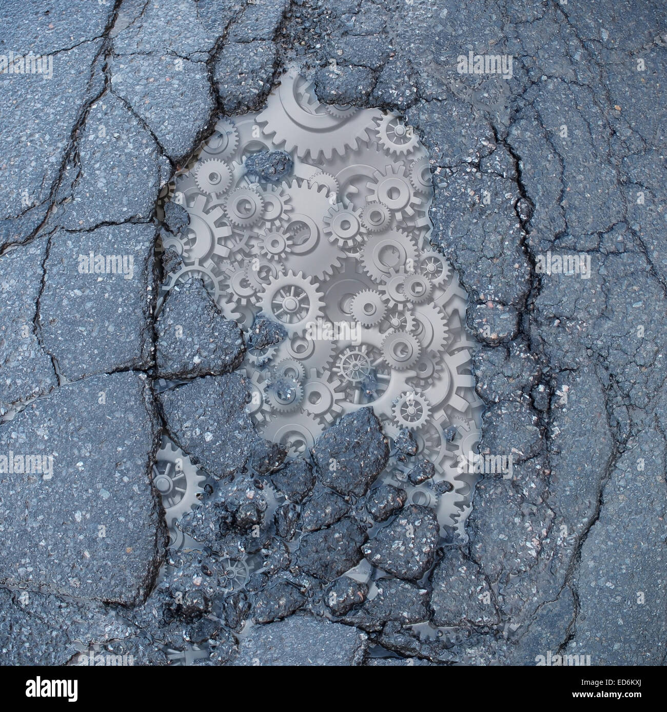 Travaux publics et des transports, une route asphaltée cassé avec des engrenages et roues cog machine comme une métaphore et symbole pour Banque D'Images