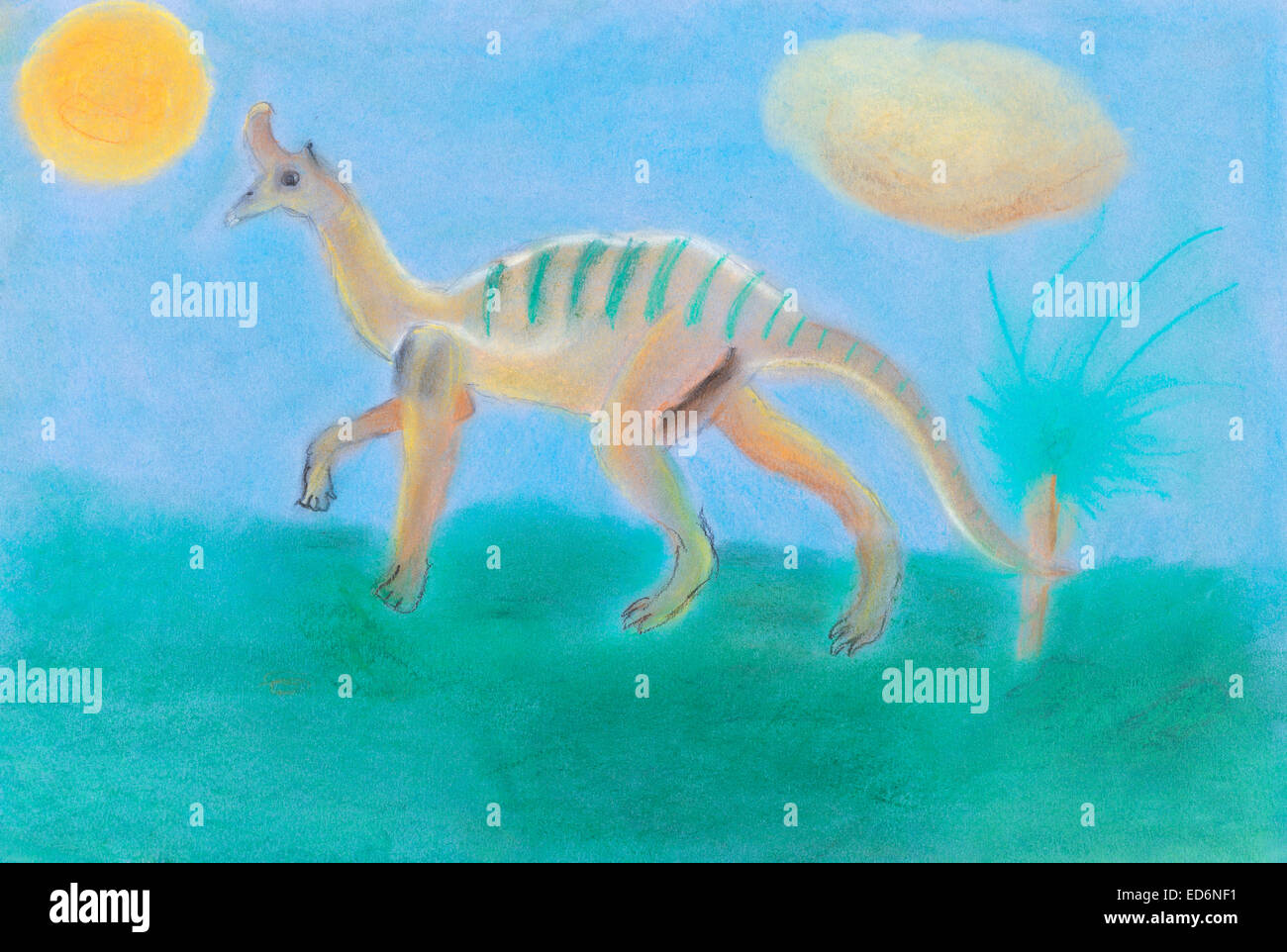Dessin d'enfant dinosaure - promenades sur pré vert under blue sky Banque D'Images