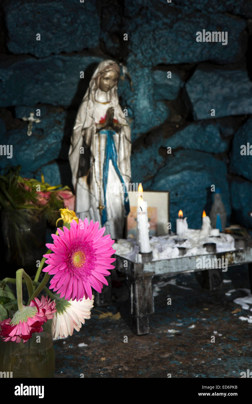 L'Ile Maurice, Tamarin, offrant des fleurs et vierge Marie statue en route de culte catholique Banque D'Images