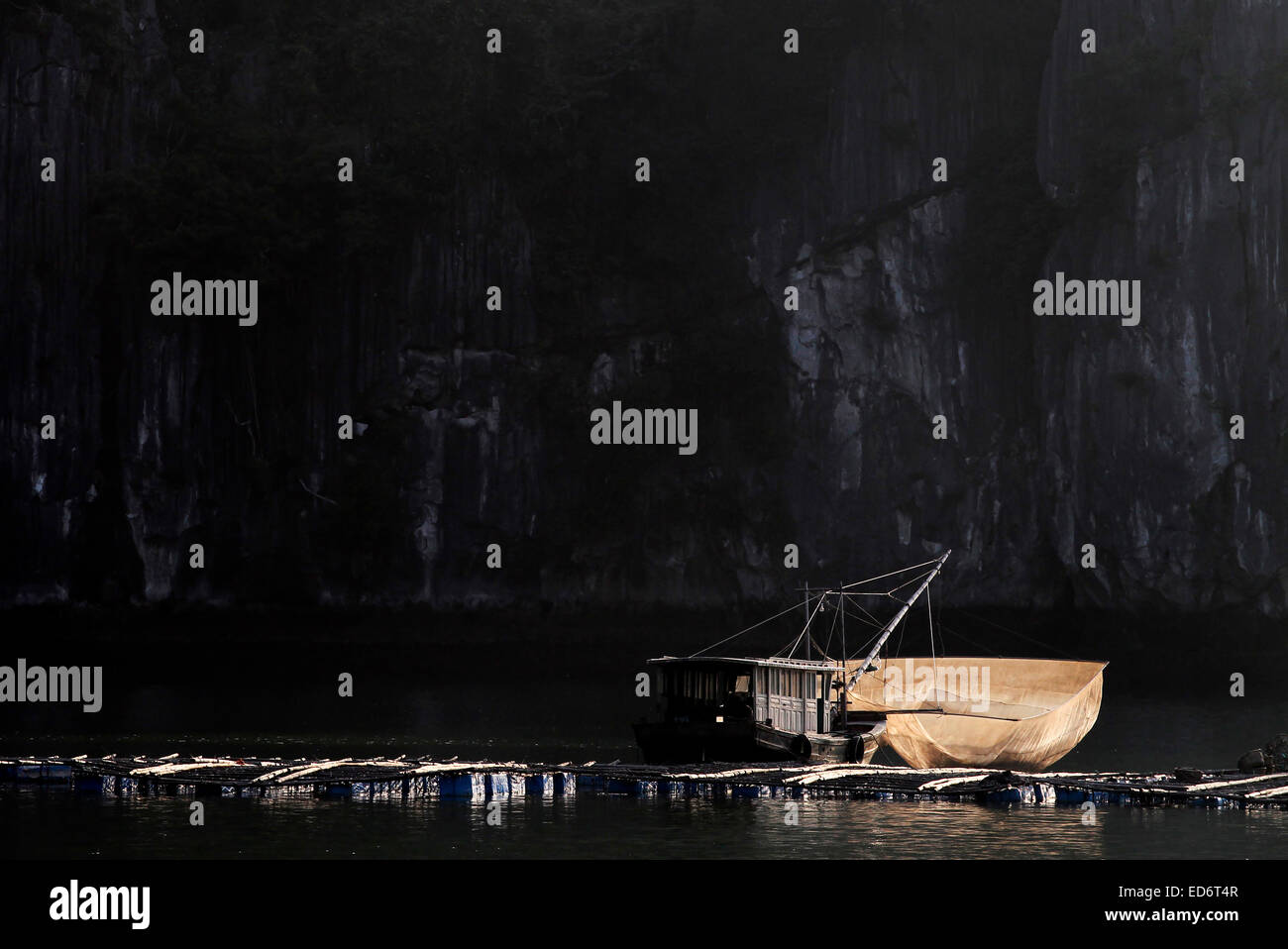 Pêche à la crevette en Baie de Lan Ha, Ha Long Bay, Ile de Cat Ba, au Vietnam Banque D'Images