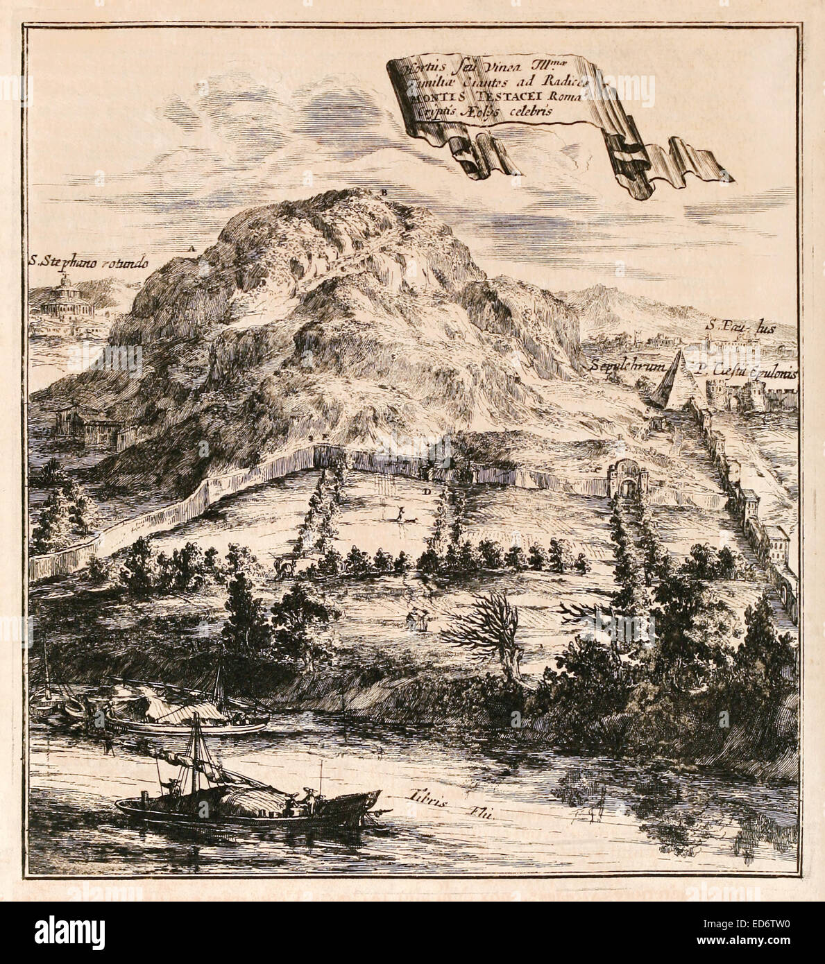 17ème siècle illustration de Monte Testaccio, une colline artificielle à Rome, Italie. et la Pyramide de Cestius. Voir la description pour plus d'informations. Banque D'Images