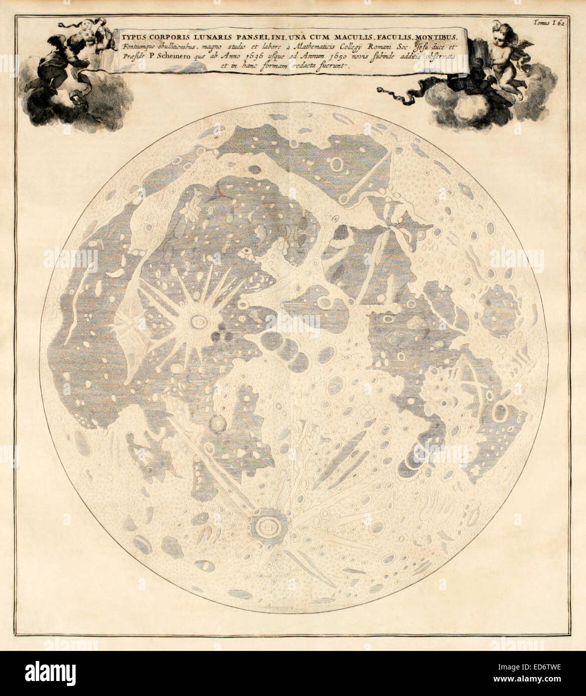 17ème siècle illustration de la lune et ses cratères fondée sur les observations d'Athanase Kircher et Christoph Scheiner en 1636 et 1650 respectivement. Voir la description pour plus d'informations. Banque D'Images
