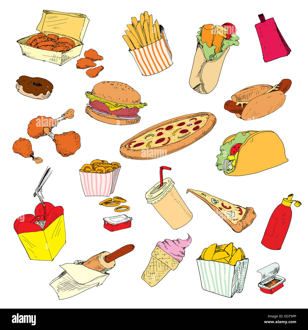 Collection de fast-food. Série d'illustrations graphiques dessinés à la main, Banque D'Images