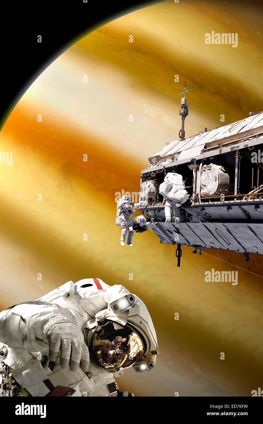Un artiste pour l'inscription d'une équipe d'astronautes effectuant des travaux sur une station spatiale en orbite autour d'une grande, alors que Jupiter-plan comme alien Banque D'Images