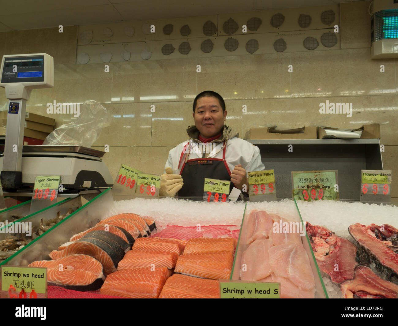 Fier poissonnier dans marché Asiatique à Albany, New York. Banque D'Images