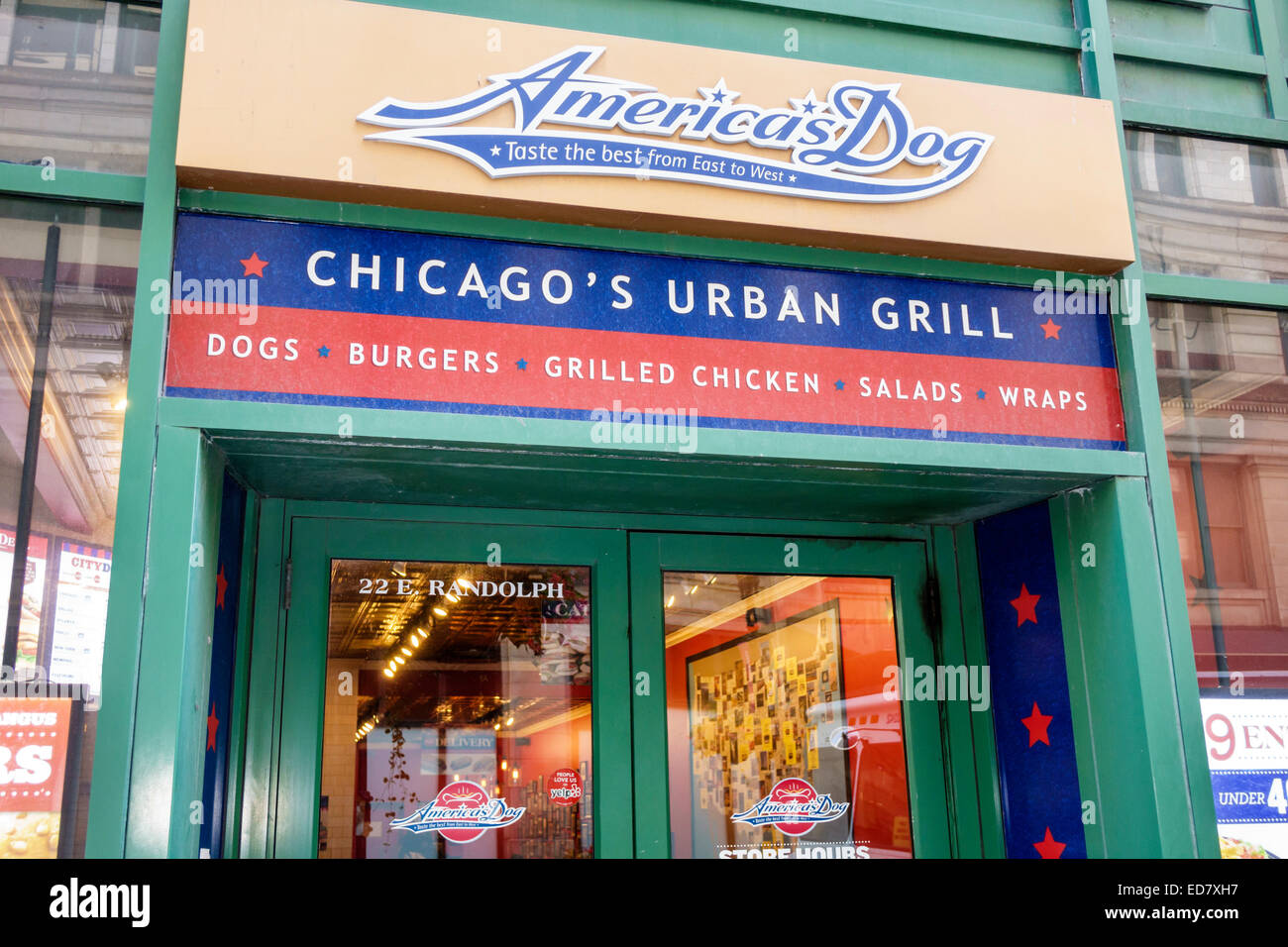 Chicago Illinois, Loop, centre-ville, America's Dog, restaurant restaurants restauration café cafés, devant, entrée, panneau, IL140906023 Banque D'Images