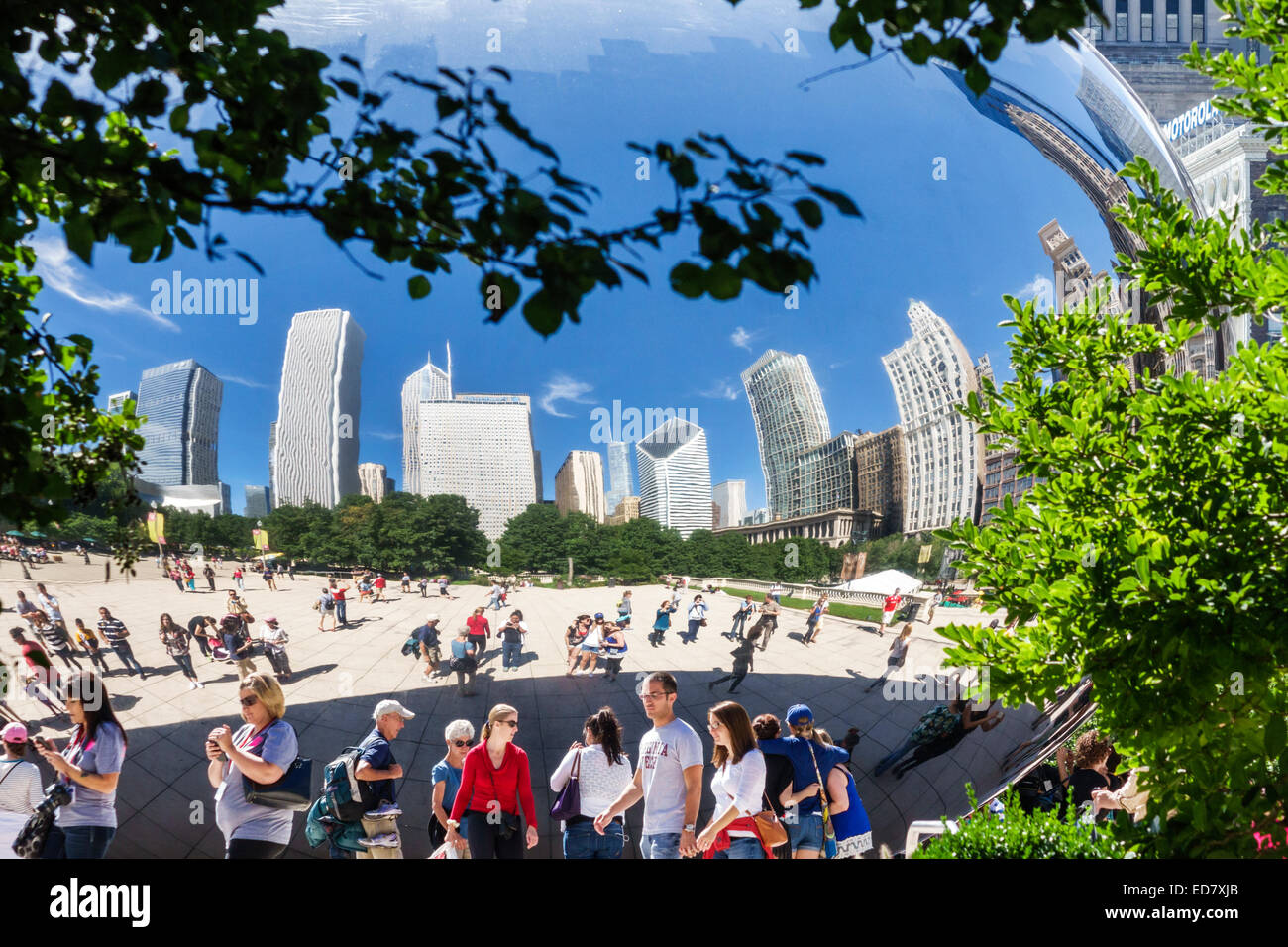 Chicago Illinois,Loop,Millennium Park,Cloud Gate,The Bean,artiste Anish Kapoor,public art,réfléchi,reflet,distorsion,ville horizon,IL140906050 Banque D'Images